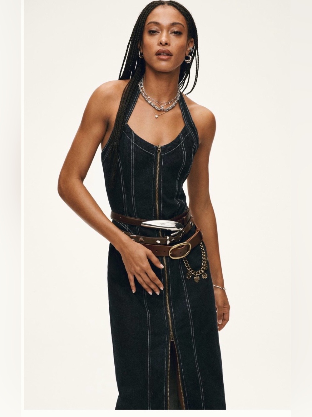 Pilcro Halter Zip-Front Dark Denim Dress, Sz XL